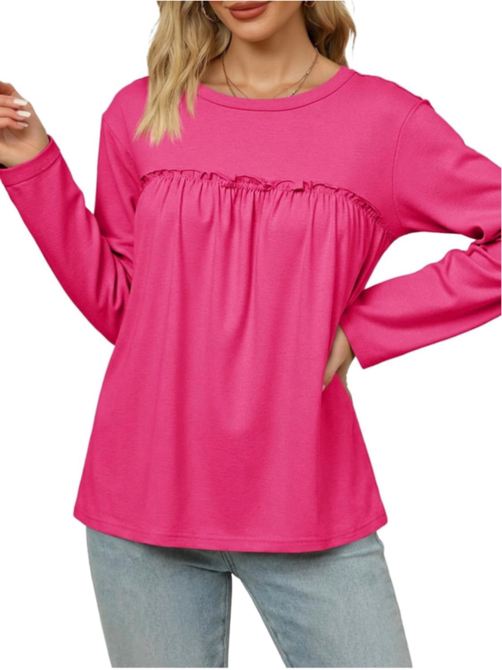 NEW Cicy Bell Babydoll Tunic Top Pleated Long Sleeve Crew Neck Peplum Shirt M